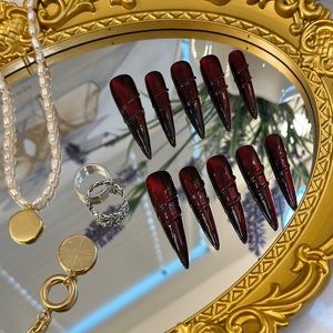 Fashion Dark Red Super Long Handmade Press On Nails